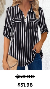 ROTITA Pocket Striped Black Turn Down Collar 3/4 Sleeve Blouse