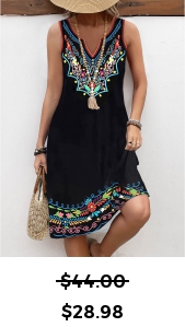 ROTITA Breathable Tribal Print Black A Line Split Neck Dress
