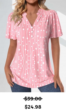 ROTITA Frill Geometric Print Pink Split Neck Short Sleeve Blouse