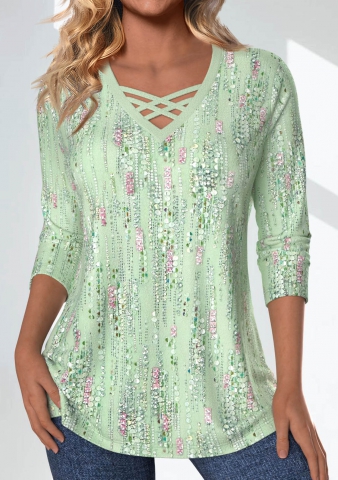 ROTITA Criss Cross Geometric Printed Non-sequined Light Green T Shirt