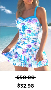 ROTITA Drawstring Cyan Floral Print One Piece Swimdress