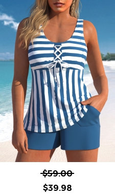 ROTITA Plus Size Lace Up Striped Blue Tankini Set