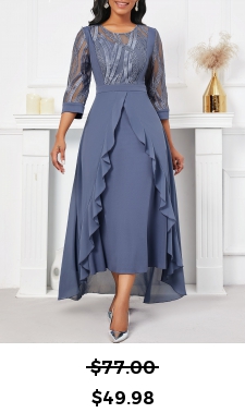 ROTITA Embroidery Dusty Blue High Low Round Neck Dress