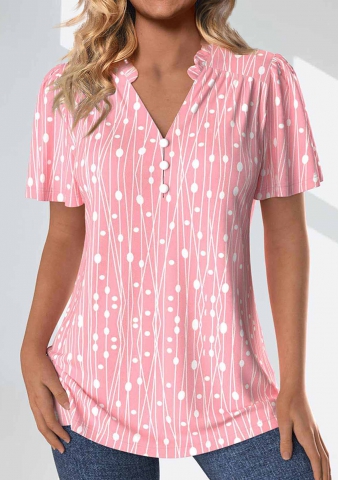 ROTITA Frill Geometric Print Pink Split Neck Short Sleeve Blouse