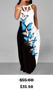 ROTITA Cage Neck Butterfly Print Black Maxi Dress