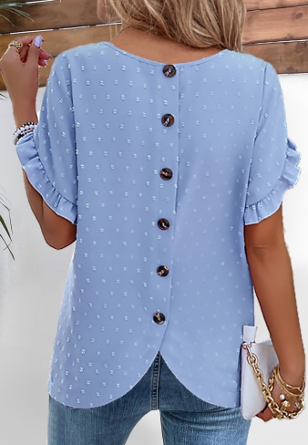 ROTITA Button Dusty Blue Round Neck Short Sleeve Blouse