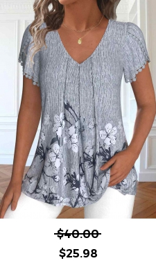ROTITA Patchwork Floral Print Dark Grey V Neck T Shirt
