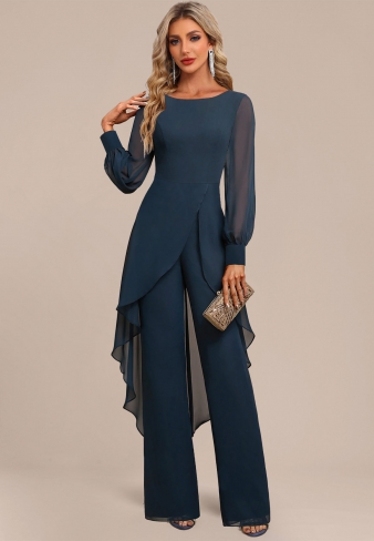 ROTITA Patchwork Peacock Blue Long Scoop Neck Jumpsuit