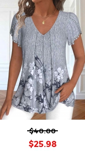 ROTITA Patchwork Floral Print Dark Grey V Neck T Shirt