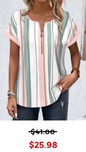 ROTITA Zipper Striped White Round Neck Short Sleeve Blouse