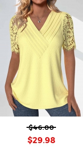 ROTITA Lace Light Yellow V Neck Short Sleeve T Shirt
