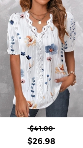 ROTITA Lace Floral Print White V Neck Short Sleeve Blouse