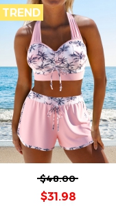 ROTITA Drawstring Light Pink Tropical Plants Print Bikini Set