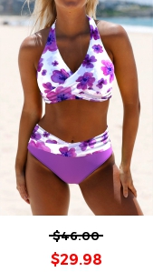 ROTITA Criss Cross Purple Floral Print Bikini Set