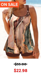 ROTITA Circular Ring Dark Coffee Marble Print Tankini Set