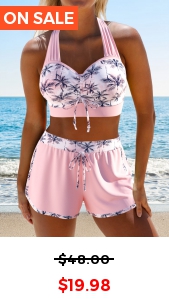 ROTITA Drawstring Light Pink Tropical Plants Print Bikini Set