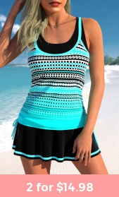 ROTITA Drawstring Cyan Polka Dot Tankini Top