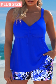 ROTITA Plus Size Drawstring Tropical Plants Print Tankini Set