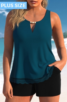 ROTITA Plus Size Lace Peacock Blue Tankini Set