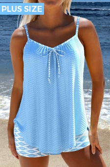 ROTITA Plus Size Bowknot Geometric Print Light Blue Tankini Set
