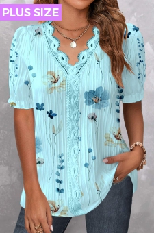 ROTITA Plus Size Patchwork Cyan Floral Print V Neck Shirt