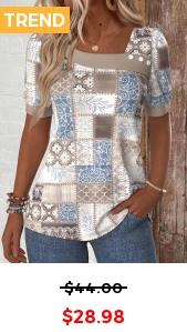 ROTITA Patchwork Geometric Print Light Coffee Asymmetrical Neck T Shirt