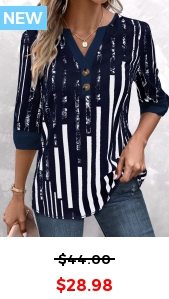 ROTITA Patchwork Striped Navy Split Neck 3/4 Sleeve Blouse