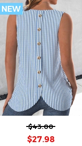 ROTITA Button Striped Blue Round Neck Sleeveless Tank Top
