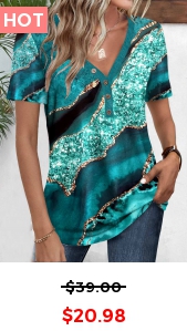 ROTITA Button Marble Print Turquoise V Neck T Shirt