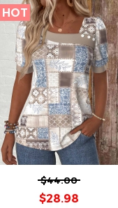 ROTITA Patchwork Geometric Print Light Coffee Asymmetrical Neck T Shirt