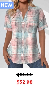 ROTITA Pocket Plaid Light Pink Shirt Collar Short Sleeve Blouse