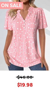 ROTITA Frill Geometric Print Pink Split Neck Short Sleeve Blouse
