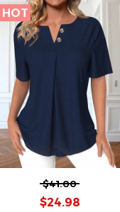 ROTITA Button Navy Split Neck Short Sleeve Blouse