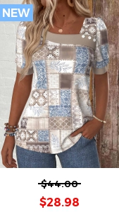 ROTITA Patchwork Geometric Print Light Coffee Asymmetrical Neck T Shirt