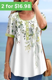 ROTITA Contrast Binding Floral Print Light Green T Shirt