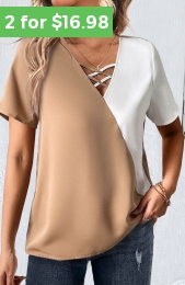 ROTITA Layered White Turn Down Collar Short Sleeve Blouse