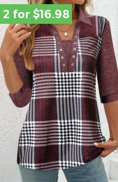 ROTITA Plus Size Eyelet Deep Red Plaid Blouse