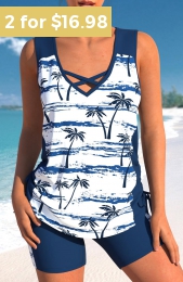 ROTITA Criss Cross Navy Tropical Plants Print Tankini Top