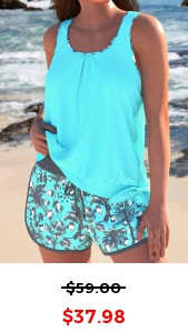 ROTITA Bowknot Cyan Tropical Plants Print Tankini Set