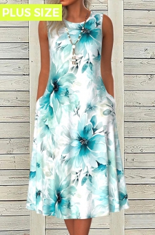 ROTITA Plus Size Pocket Blue Floral Print A Line Dress