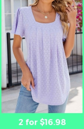 Hole Light Purple Square Neck Short Sleeve T Shirt