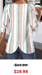 ROTITA Drawstring Striped White Round Neck Half Sleeve Blouse