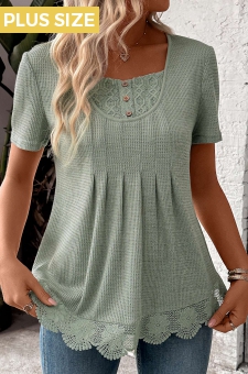 ROTITA Plus Size Lace Sage Green Square Neck T Shirt