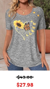 ROTITA Button Sunflower Print Light Grey Marl T Shirt