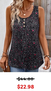 Button Ditsy Floral Print Black Scoop Neck Tank Top
