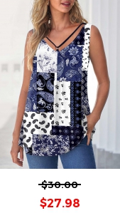 ROTITA Paisley Print Ring Detail Navy Blue Tank Top
