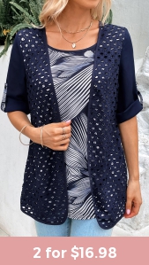 ROTITA Fake 2in1 Leaf Print Navy Round Neck Blouse