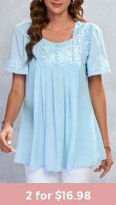 ROTITA Lace Patchwork Light Blue Square Neck Blouse