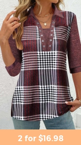 ROTITA Plus Size Eyelet Deep Red Plaid Blouse