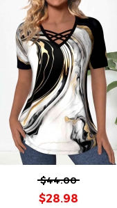 ROTITA Criss Cross Marble Print Black V Neck T Shirt